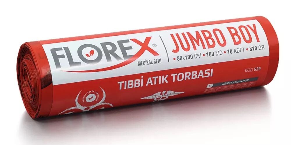 529 TIBBİ ATIK BASKILI JUMBO ÇÖP POŞET 813 GR 10X10 AD 8,1 KG KIRMIZI