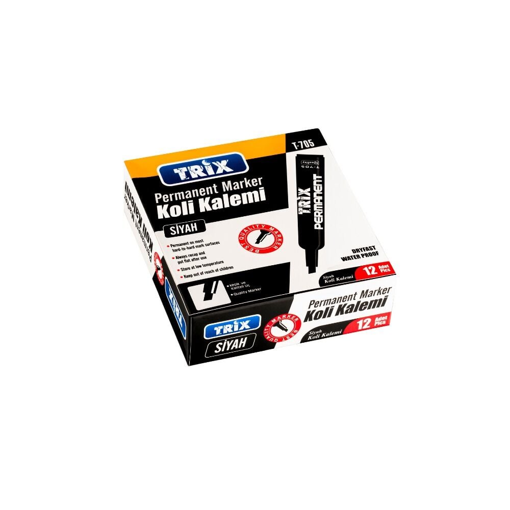 TRİX KESİK UÇ PERMANENT KOLİ KALEMİ SİYAH 12 ADET