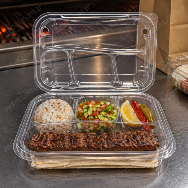 4 BÖLMELİ PP SICAK KENDİNDEN KAPAKLI KEBAP KABI 50 GR ŞEFFAF 75 ADET