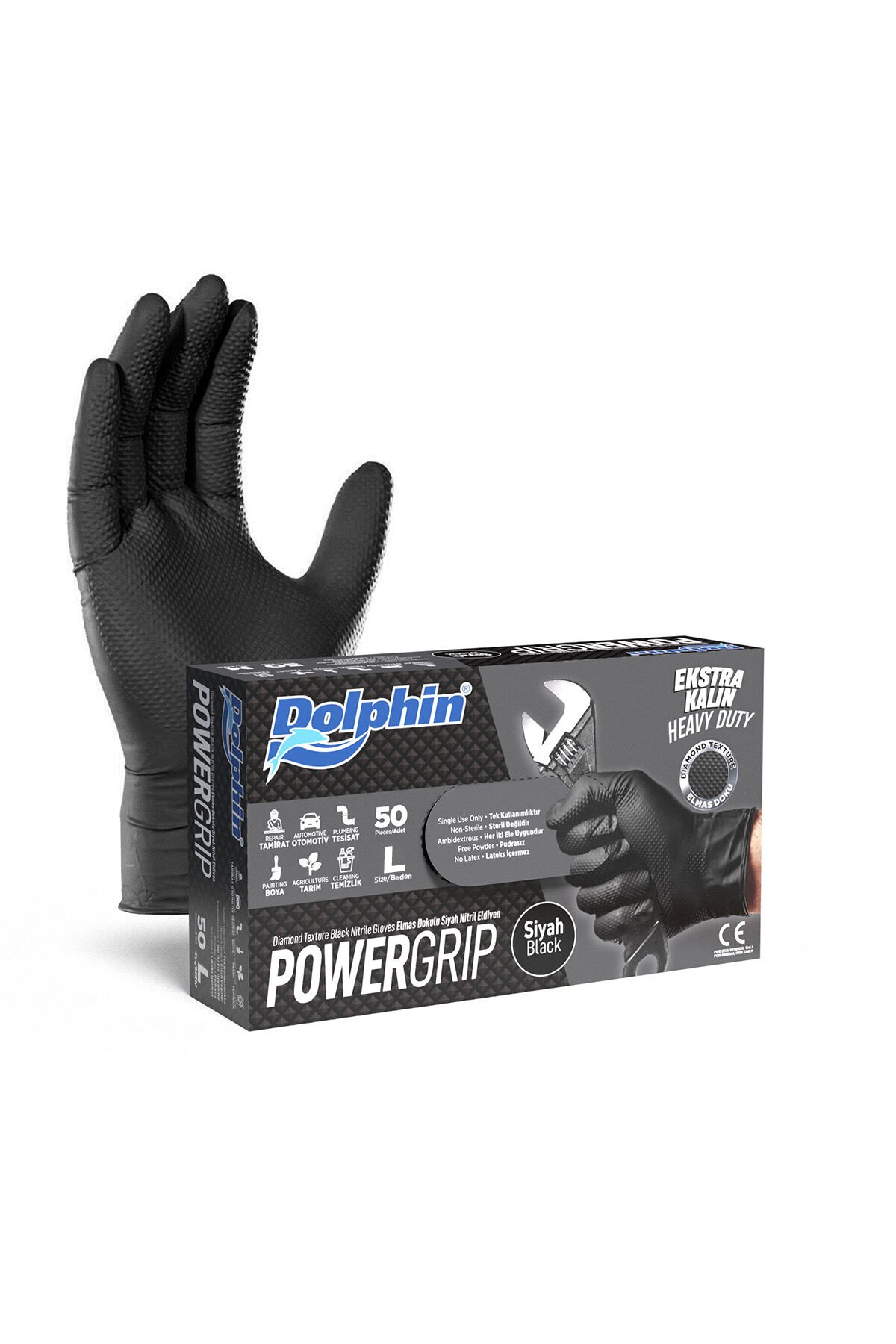 DOLPHİN POWER GRIP EKSTRA KALIN ELDİVEN SİYAH LARGE 50 ADET X 20 PAKET
