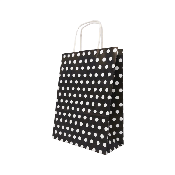 SİYAH PUANTİYELİ BÜKÜM SAPLI - KÜÇÜK BOY KAĞIT ÇANTA 18X23 CM 250 ADET