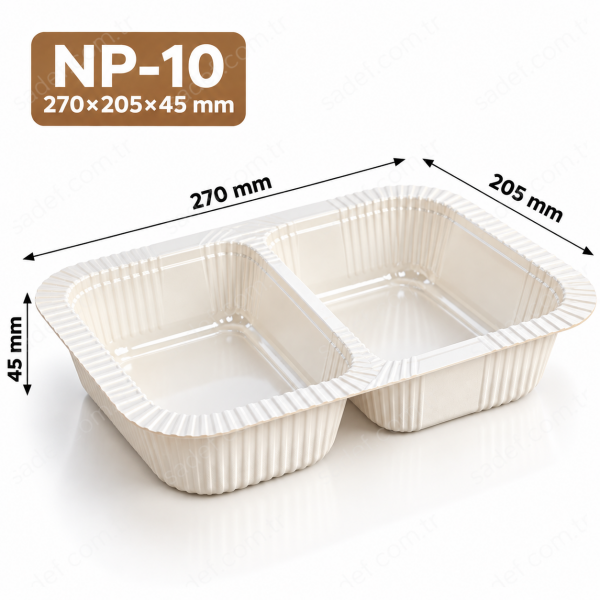NP-10 270X205X45 MM - 725+600 ML 2 BÖLMELİ DERİN FIRINLANABİLİR KARTON KAP BEYAZ 200 ADET
