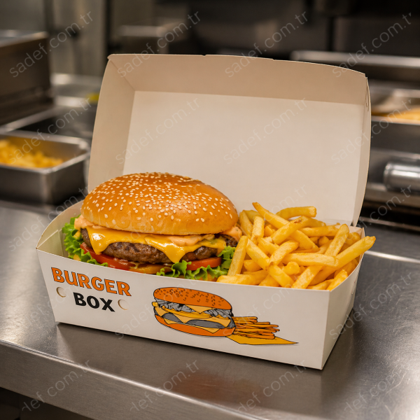 BEYAZ BASKILI BURGER KUTUSU BÜYÜK 100 ADET