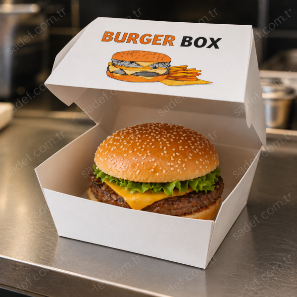 BEYAZ BASKILI TEKLİ BURGER KUTUSU 100 ADET