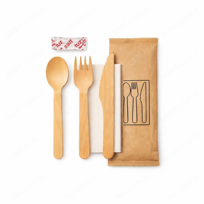 ORGANİK AHŞAP SET KAŞIK+ÇATAL+BIÇAK+TUZ+PEÇETE 5 Lİ 250 ADET