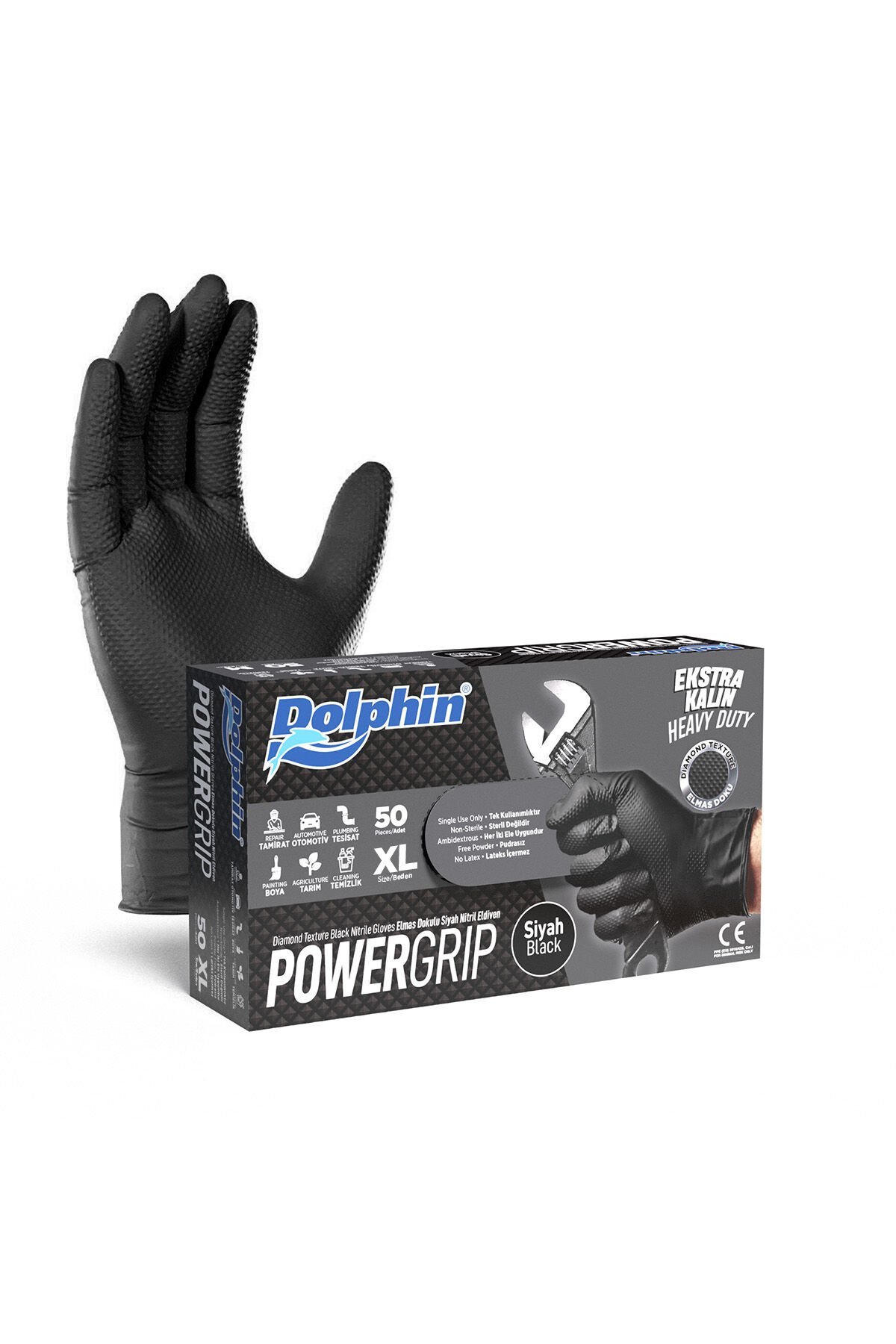 DOLPHİN POWER GRIP EKSTRA KALIN ELDİVEN SİYAH X LARGE 50 ADET