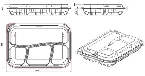 LPP-865 LİMERA PP 4 BÖLMELİ KEBAP KABI - KAPAK & SİYAH GÖVDE 54 GR 100 ADET