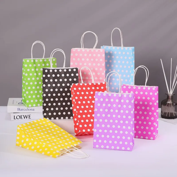 SARI PUANTİYELİ BÜKÜM SAPLI - KÜÇÜK BOY KAĞIT ÇANTA 18X23 CM 100 ADET