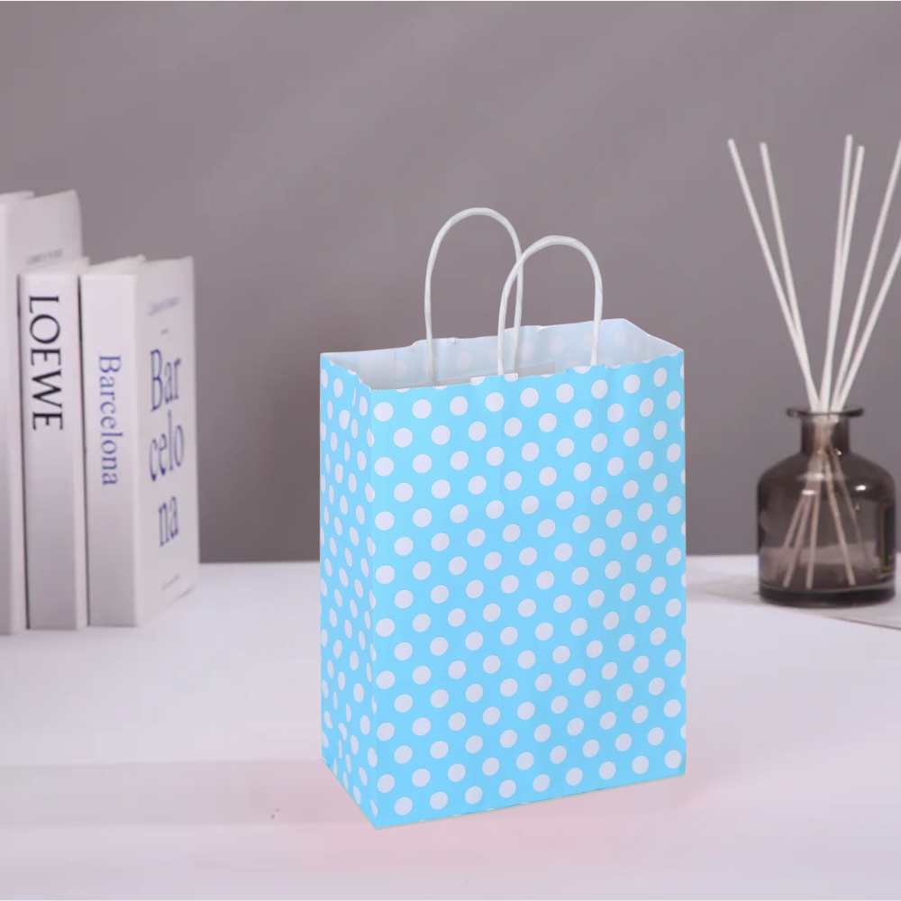 MAVİ PUANTİYELİ BÜKÜM SAPLI  - ORTA BOY KAĞIT ÇANTA 25X31 CM 100 ADET