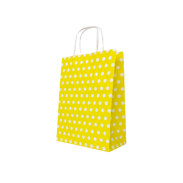 SARI PUANTİYELİ BÜKÜM SAPLI  - ORTA BOY KAĞIT ÇANTA 25X31 CM 100 ADET