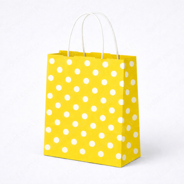 SARI PUANTİYELİ BÜKÜM SAPLI - KÜÇÜK BOY KAĞIT ÇANTA 18X23 CM 100 ADET