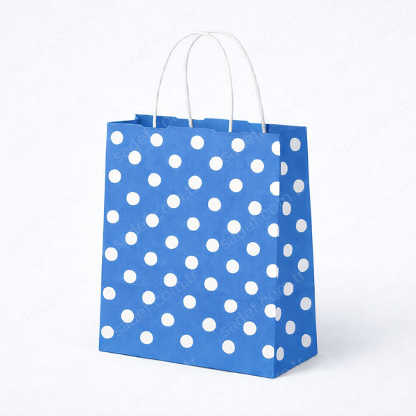 MAVİ PUANTİYELİ BÜKÜM SAPLI - KÜÇÜK BOY KAĞIT ÇANTA 18X23 CM 250 ADET