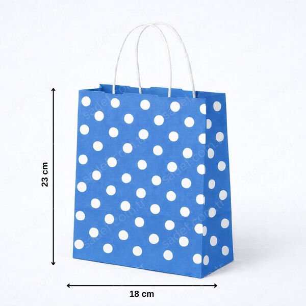 MAVİ PUANTİYELİ BÜKÜM SAPLI - KÜÇÜK BOY KAĞIT ÇANTA 18X23 CM 250 ADET