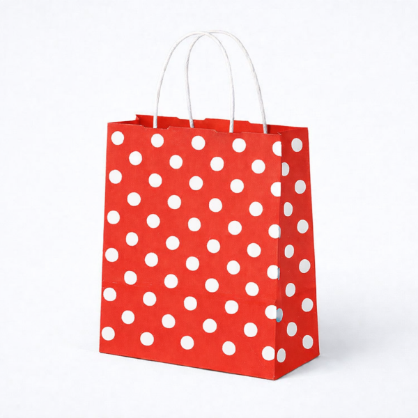 KIRMIZI PUANTİYELİ BÜKÜM SAPLI - KÜÇÜK BOY KAĞIT ÇANTA 18X23 CM 100 ADET