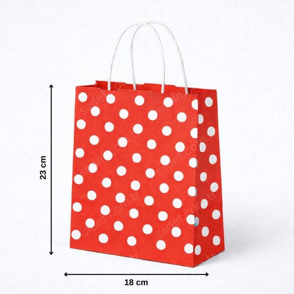 KIRMIZI PUANTİYELİ BÜKÜM SAPLI - KÜÇÜK BOY KAĞIT ÇANTA 18X23 CM 100 ADET