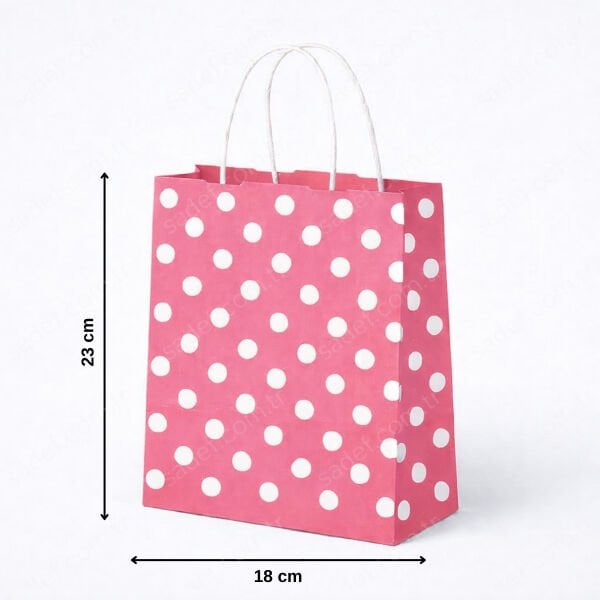 PEMBE PUANTİYELİ BÜKÜM SAPLI - KÜÇÜK BOY KAĞIT ÇANTA 18X23 CM 100 ADET