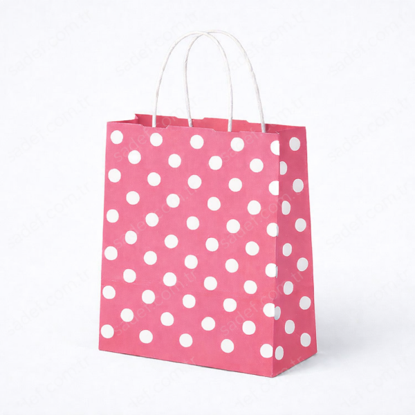 PEMBE PUANTİYELİ BÜKÜM SAPLI - KÜÇÜK BOY KAĞIT ÇANTA 18X23 CM 250 ADET