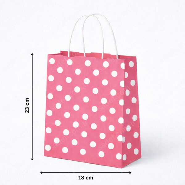 PEMBE PUANTİYELİ BÜKÜM SAPLI - KÜÇÜK BOY KAĞIT ÇANTA 18X23 CM 250 ADET