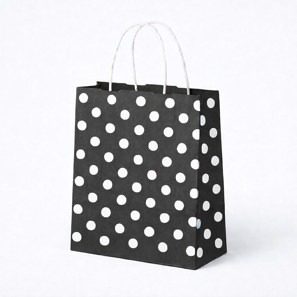 SİYAH PUANTİYELİ BÜKÜM SAPLI - KÜÇÜK BOY KAĞIT ÇANTA 18X23 CM 100 ADET