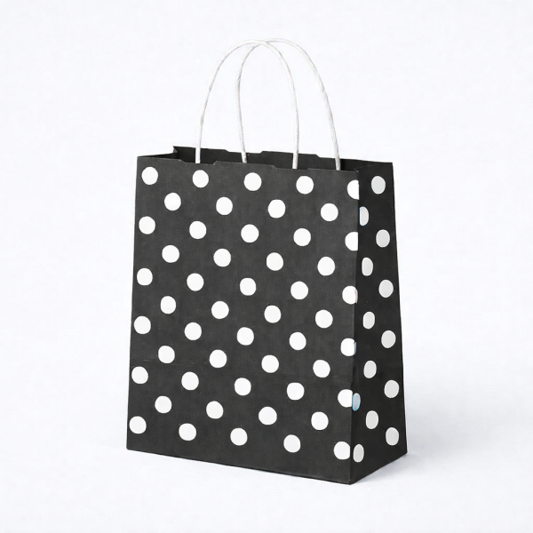 SİYAH PUANTİYELİ BÜKÜM SAPLI - KÜÇÜK BOY KAĞIT ÇANTA 18X23 CM 100 ADET