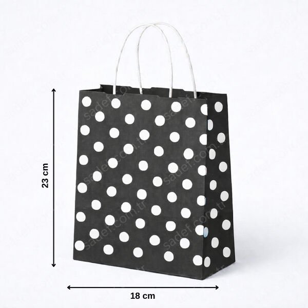 SİYAH PUANTİYELİ BÜKÜM SAPLI - KÜÇÜK BOY KAĞIT ÇANTA 18X23 CM 100 ADET