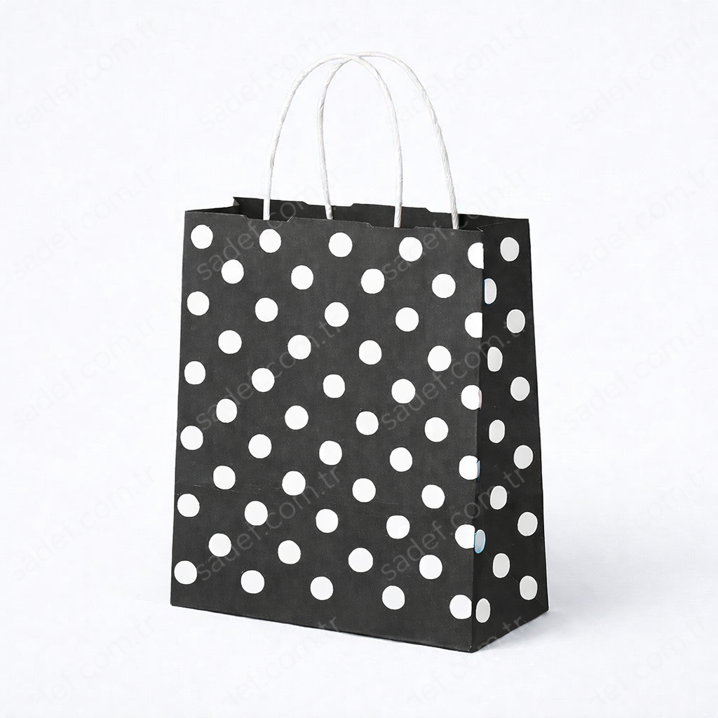 SİYAH PUANTİYELİ BÜKÜM SAPLI - KÜÇÜK BOY KAĞIT ÇANTA 18X23 CM 100 ADET