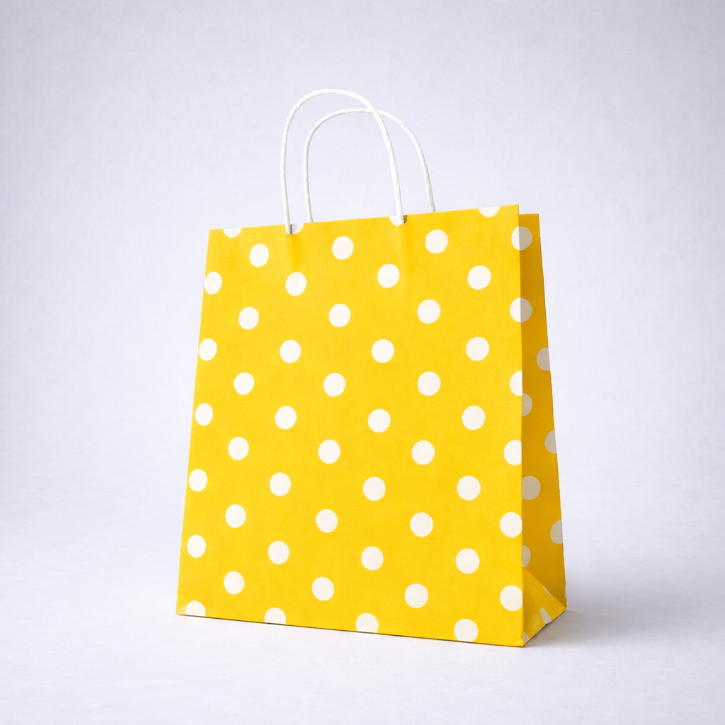 SARI PUANTİYELİ BÜKÜM SAPLI  - ORTA BOY KAĞIT ÇANTA 25X31 CM 100 ADET