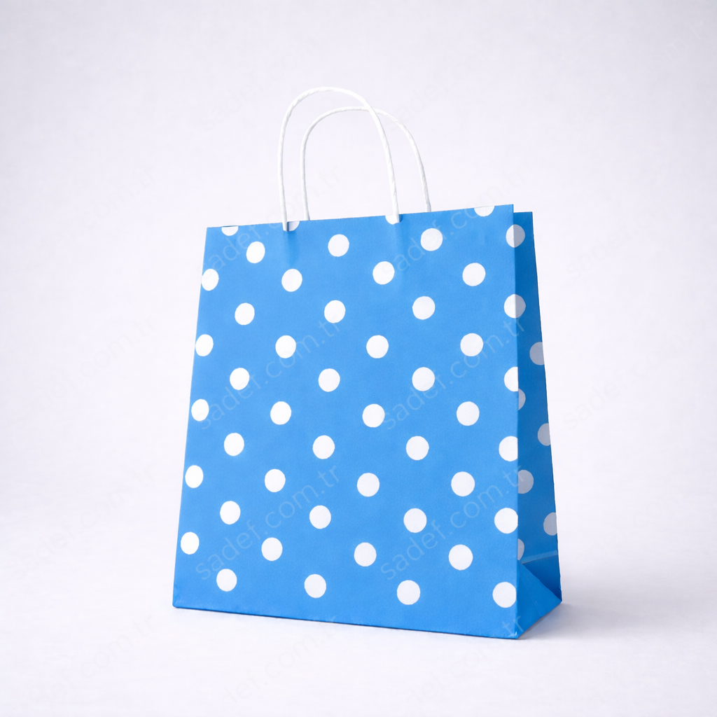 MAVİ PUANTİYELİ BÜKÜM SAPLI  - ORTA BOY KAĞIT ÇANTA 25X31 CM 100 ADET