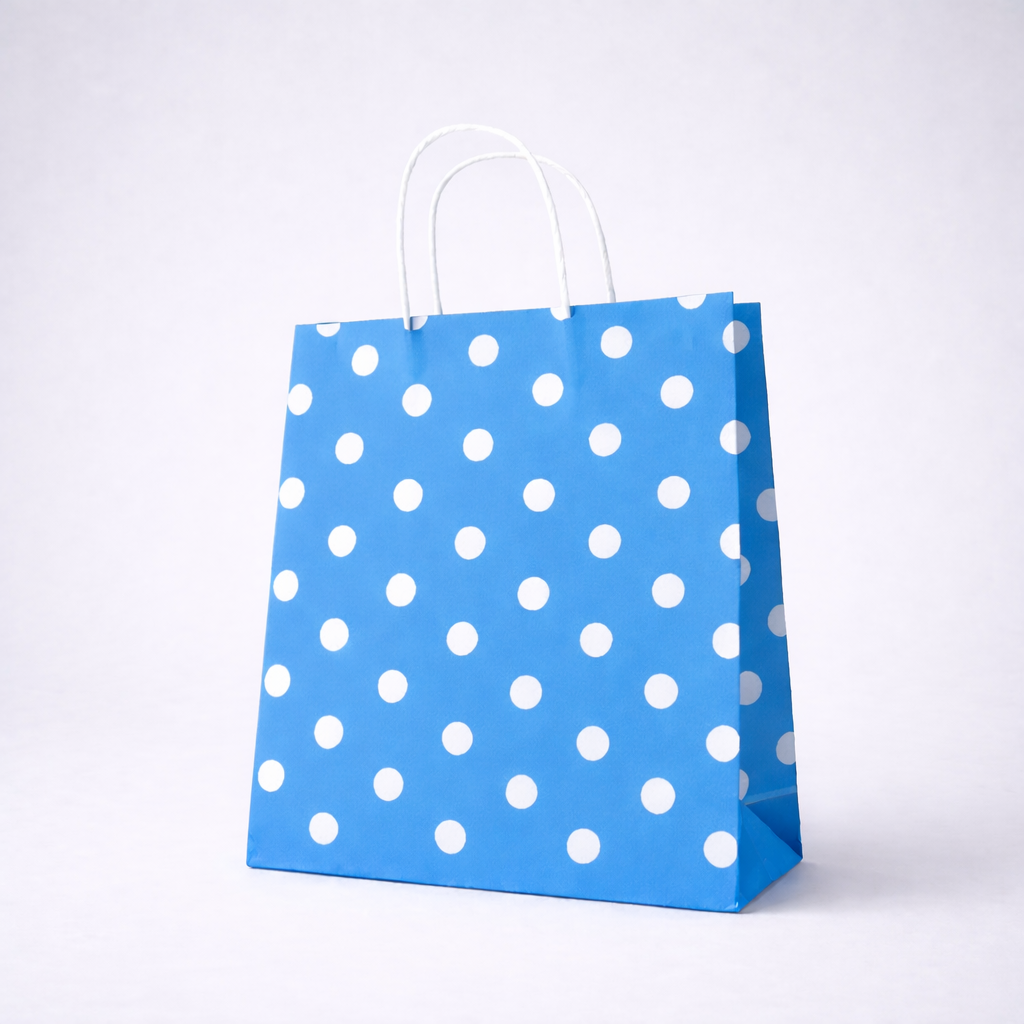 MAVİ PUANTİYELİ BÜKÜM SAPLI  - ORTA BOY KAĞIT ÇANTA 25X31 CM 250 ADET