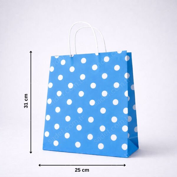 MAVİ PUANTİYELİ BÜKÜM SAPLI  - ORTA BOY KAĞIT ÇANTA 25X31 CM 250 ADET