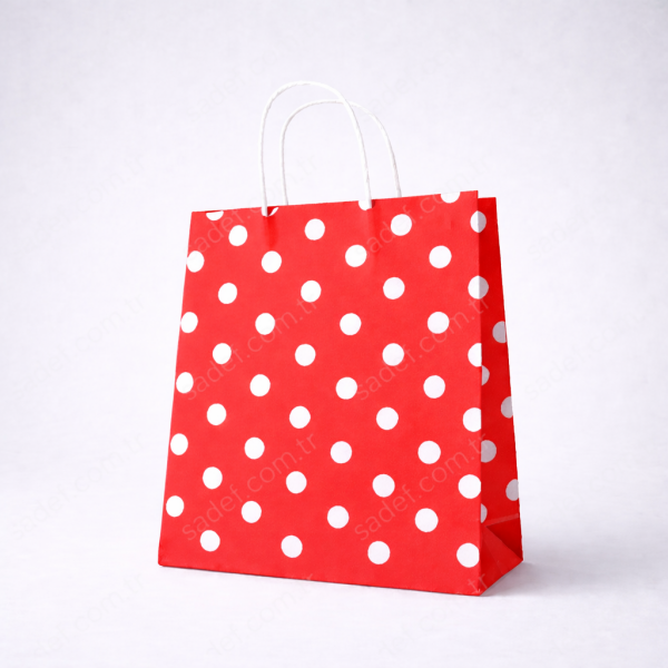 KIRMIZI PUANTİYELİ BÜKÜM SAPLI  - ORTA BOY KAĞIT ÇANTA 25X31 CM 100 ADET