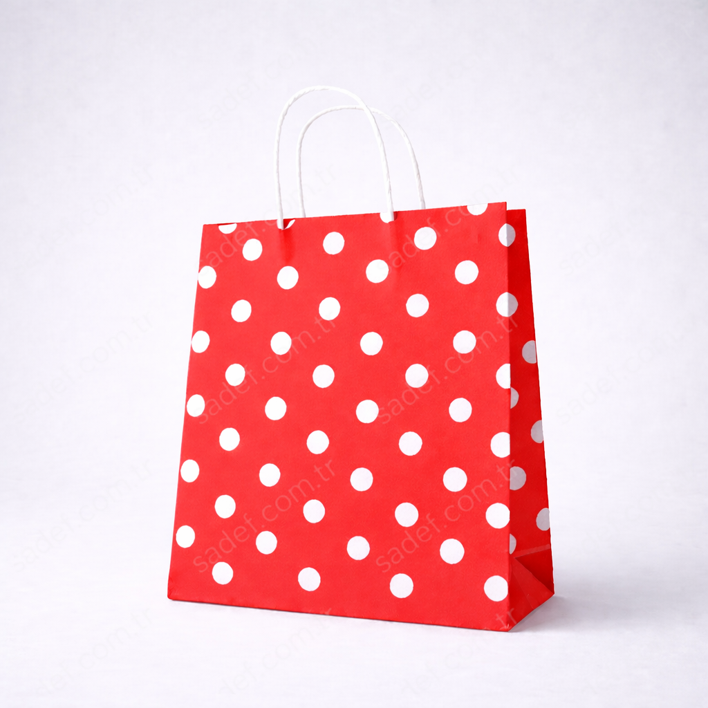 KIRMIZI PUANTİYELİ BÜKÜM SAPLI  - ORTA BOY KAĞIT ÇANTA 25X31 CM 100 ADET