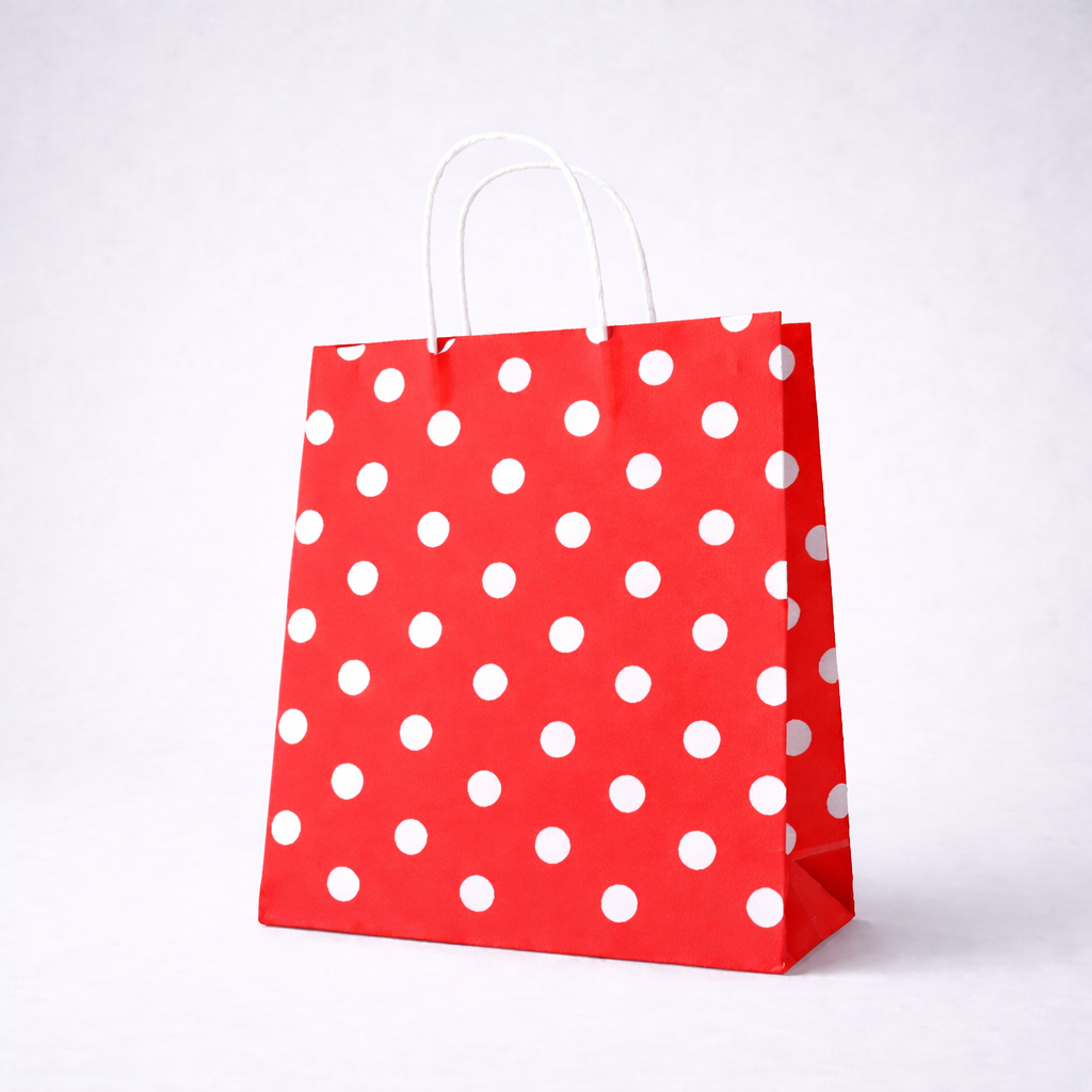 KIRMIZI PUANTİYELİ BÜKÜM SAPLI  - ORTA BOY KAĞIT ÇANTA 25X31 CM 250 ADET