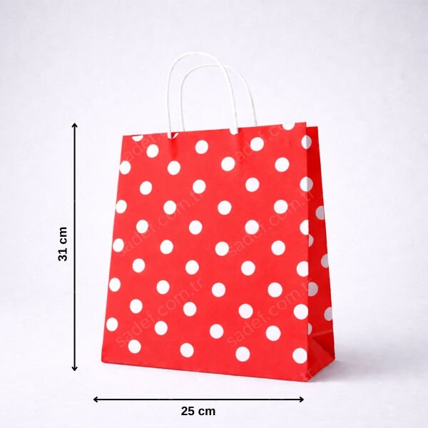 KIRMIZI PUANTİYELİ BÜKÜM SAPLI  - ORTA BOY KAĞIT ÇANTA 25X31 CM 250 ADET