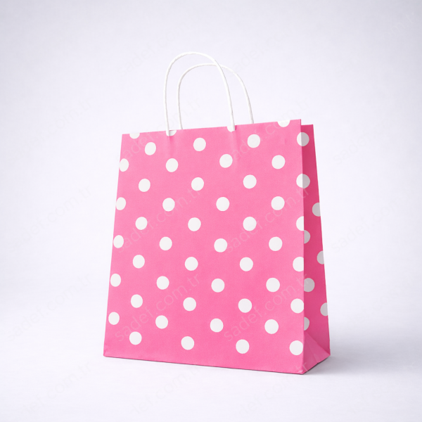PEMBE PUANTİYELİ BÜKÜM SAPLI - ORTA BOY KAĞIT ÇANTA 25X31 CM 100 ADET