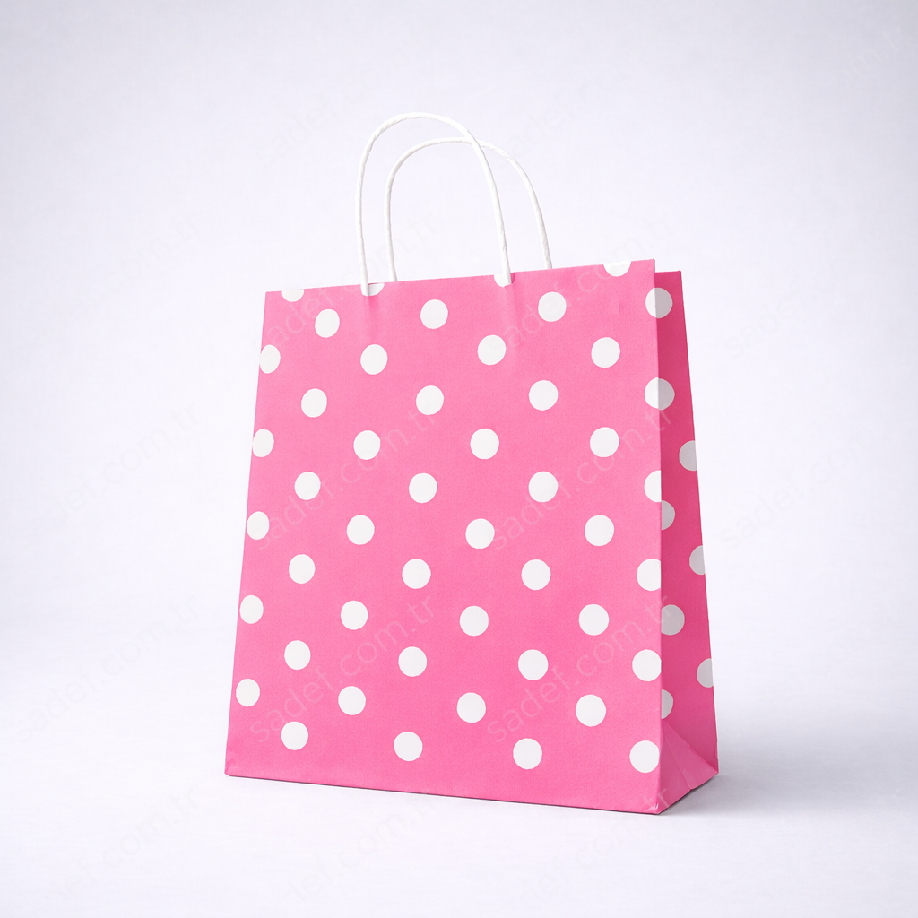 PEMBE PUANTİYELİ BÜKÜM SAPLI - ORTA BOY KAĞIT ÇANTA 25X31 CM 250 ADET