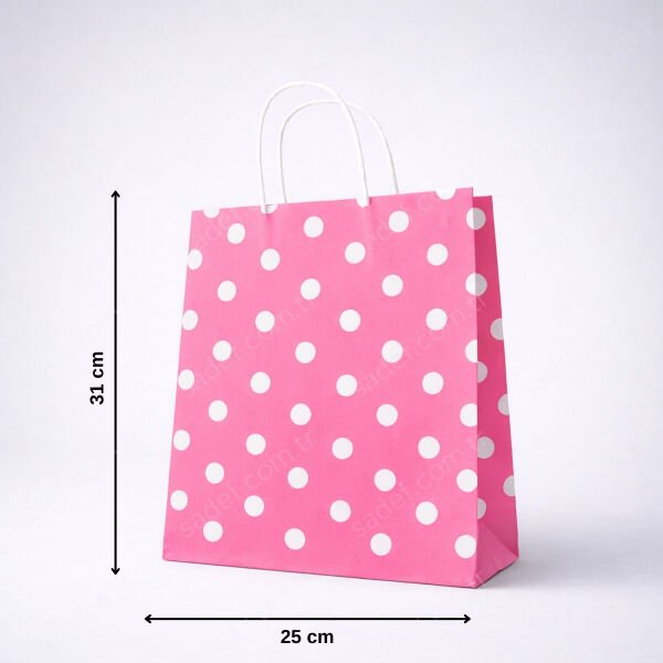 PEMBE PUANTİYELİ BÜKÜM SAPLI - ORTA BOY KAĞIT ÇANTA 25X31 CM 250 ADET