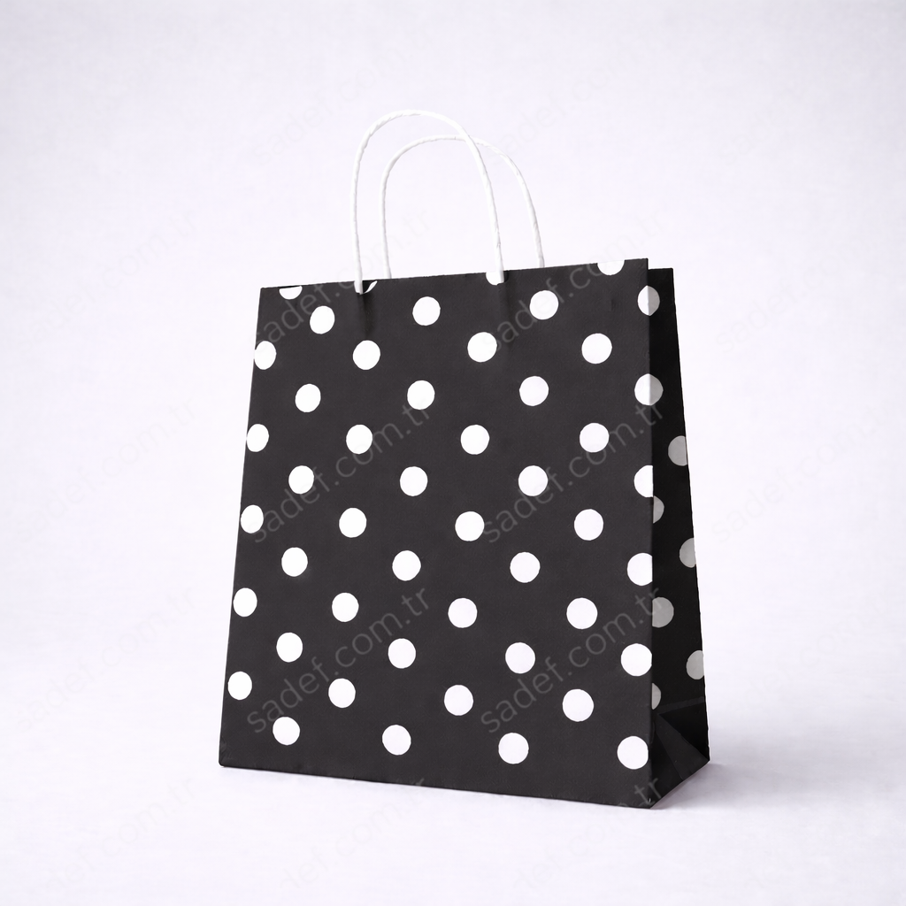 SİYAH PUANTİYELİ BÜKÜM SAPLI  - ORTA BOY KAĞIT ÇANTA 25X31 CM 100 ADET