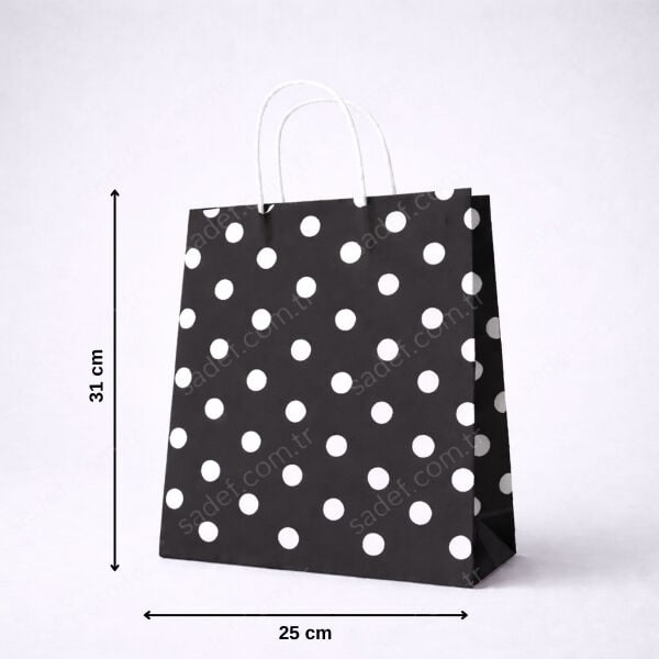 SİYAH PUANTİYELİ BÜKÜM SAPLI  - ORTA BOY KAĞIT ÇANTA 25X31 CM 100 ADET