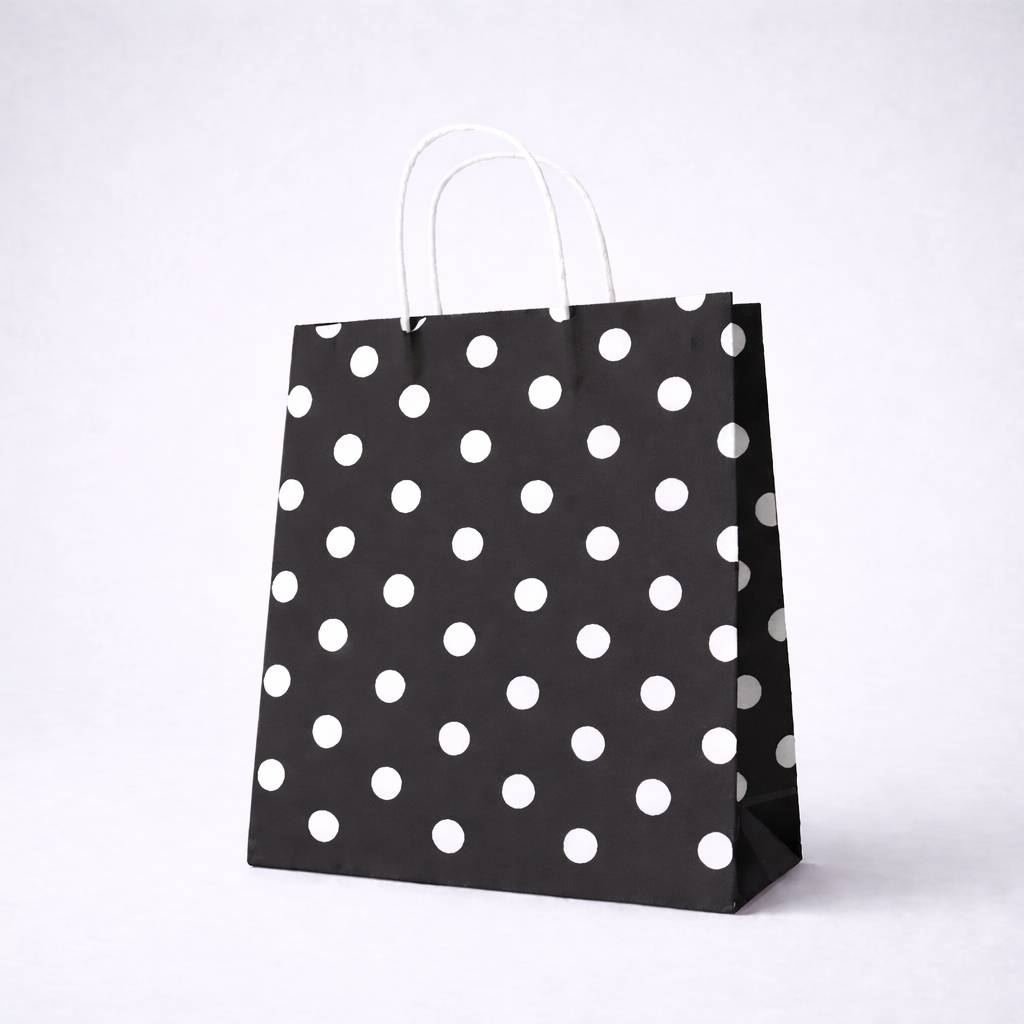 SİYAH PUANTİYELİ BÜKÜM SAPLI  - ORTA BOY KAĞIT ÇANTA 25X31 CM 250 ADET