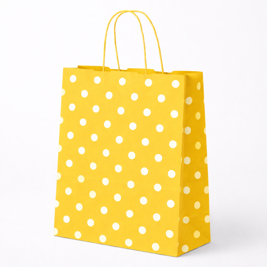 SARI PUANTİYELİ BÜKÜM SAPLI - BÜYÜK BOY KAĞIT ÇANTA 32X41 CM 100 ADET