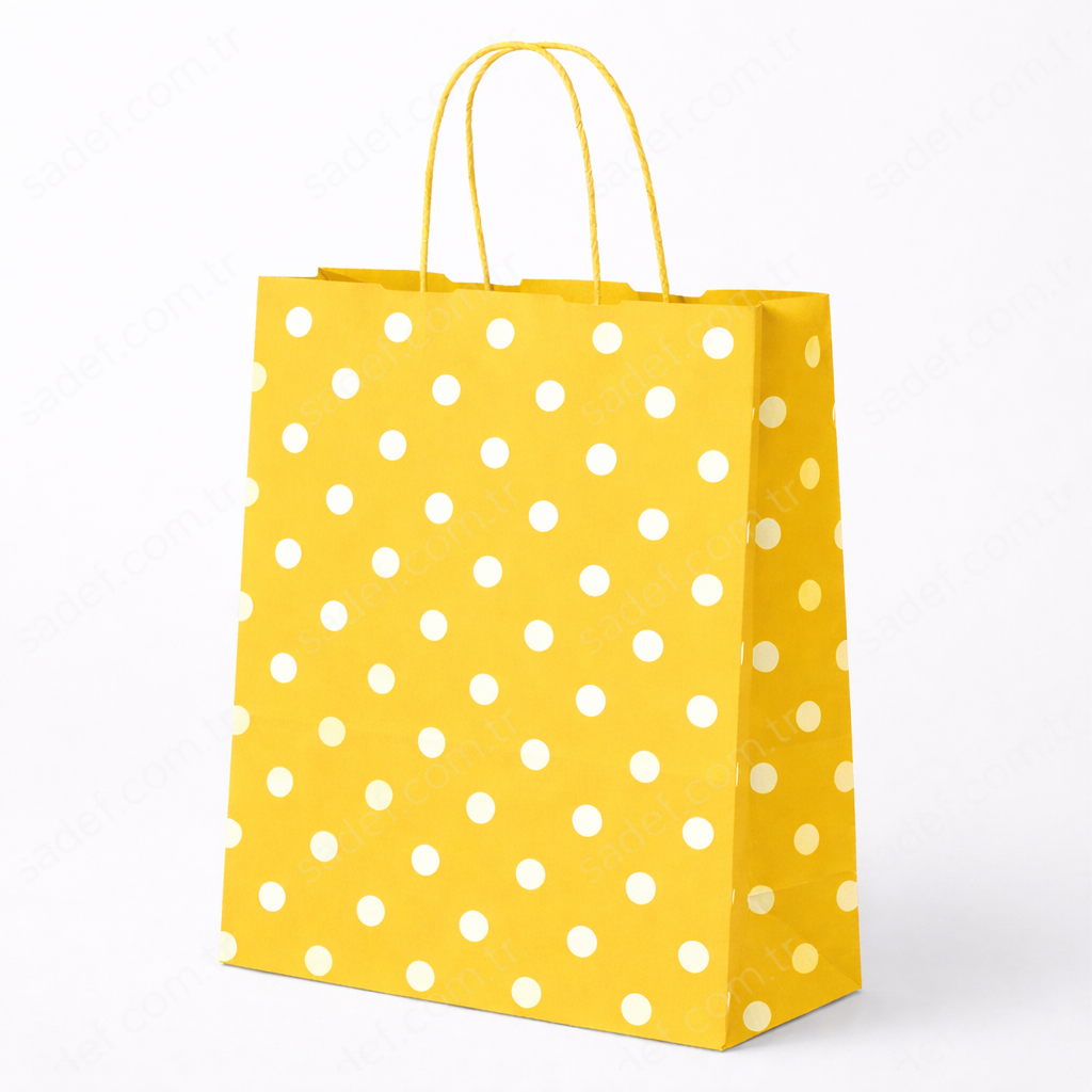 SARI PUANTİYELİ BÜKÜM SAPLI - BÜYÜK BOY KAĞIT ÇANTA 32X41 CM 100 ADET