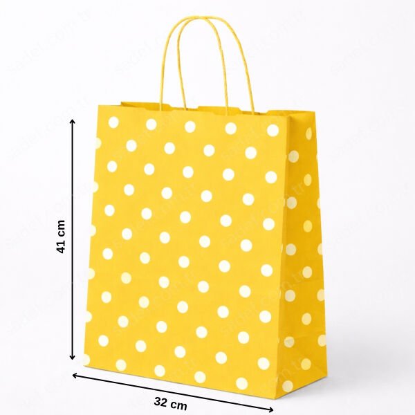SARI PUANTİYELİ BÜKÜM SAPLI - BÜYÜK BOY KAĞIT ÇANTA 32X41 CM 100 ADET