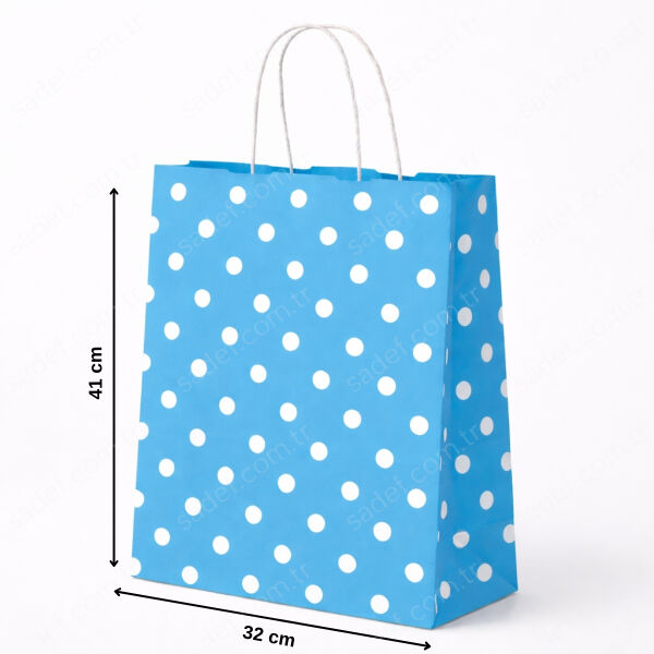 MAVİ PUANTİYELİ BÜKÜM SAPLI - BÜYÜK BOY KAĞIT ÇANTA 32X41 CM 100 ADET