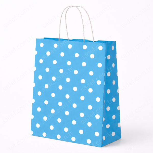 MAVİ PUANTİYELİ BÜKÜM SAPLI - BÜYÜK BOY KAĞIT ÇANTA 32X41 CM 250 ADET