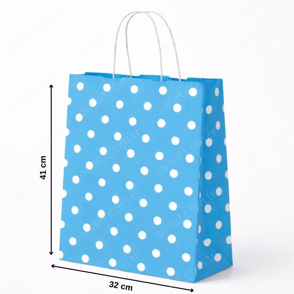 MAVİ PUANTİYELİ BÜKÜM SAPLI - BÜYÜK BOY KAĞIT ÇANTA 32X41 CM 250 ADET