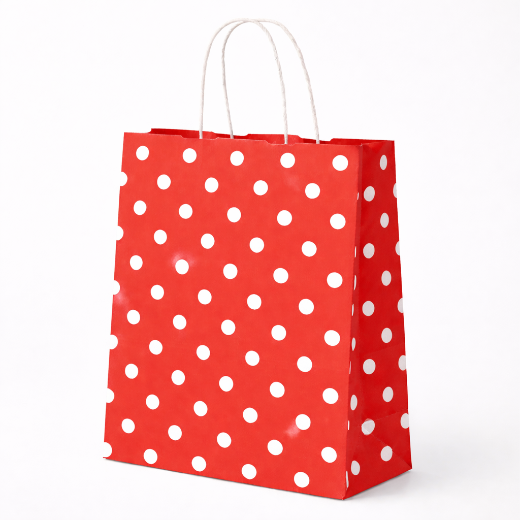 KIRMIZI PUANTİYELİ BÜKÜM SAPLI - BÜYÜK BOY KAĞIT ÇANTA 32X41 CM 250 ADET