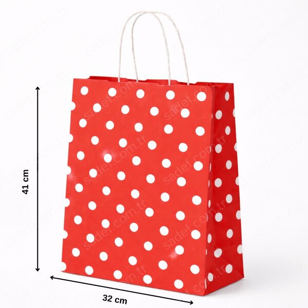 KIRMIZI PUANTİYELİ BÜKÜM SAPLI - BÜYÜK BOY KAĞIT ÇANTA 32X41 CM 250 ADET