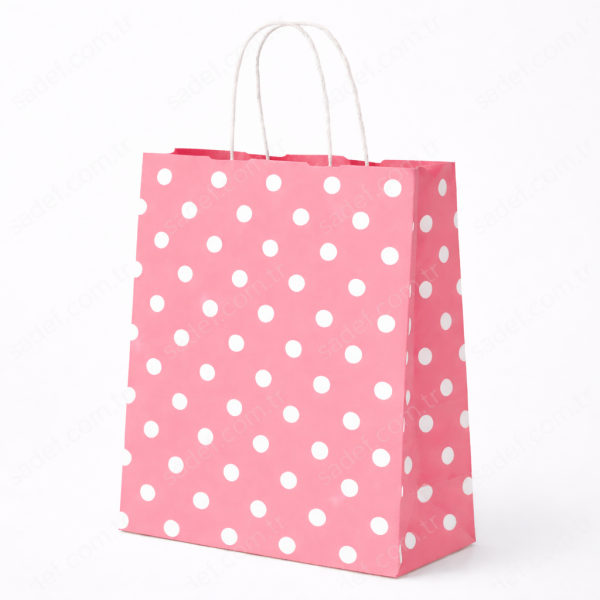 PEMBE PUANTİYELİ BÜKÜM SAPLI - BÜYÜK BOY KAĞIT ÇANTA 32X41 CM 100 ADET
