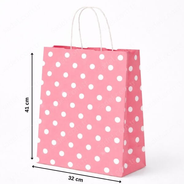 PEMBE PUANTİYELİ BÜKÜM SAPLI - BÜYÜK BOY KAĞIT ÇANTA 32X41 CM 100 ADET